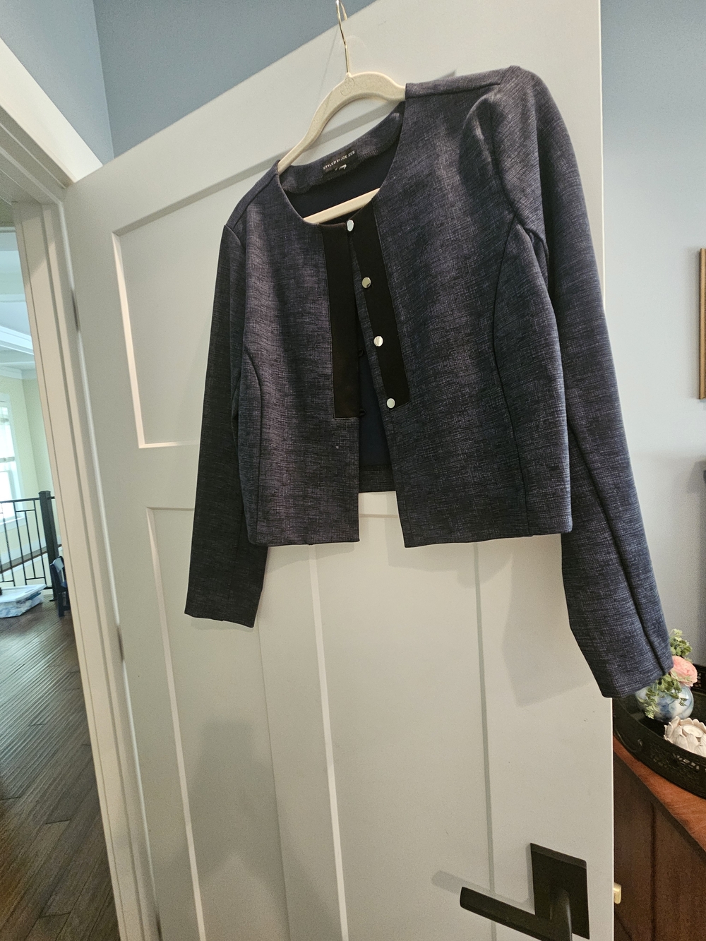 Corporate Crop Collarless Navy Textured Blazer - Classic Women's Suit Jacket